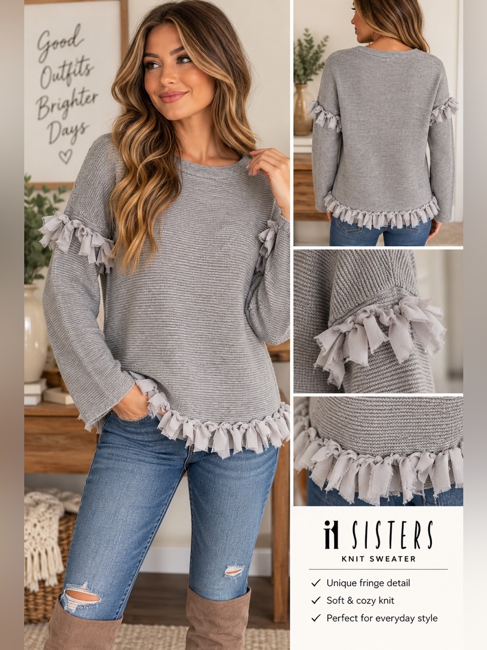 Sisters Gray Taupe Knit Sweater Fringe Tie Detail Long Sleeve Medium Wester Boho
